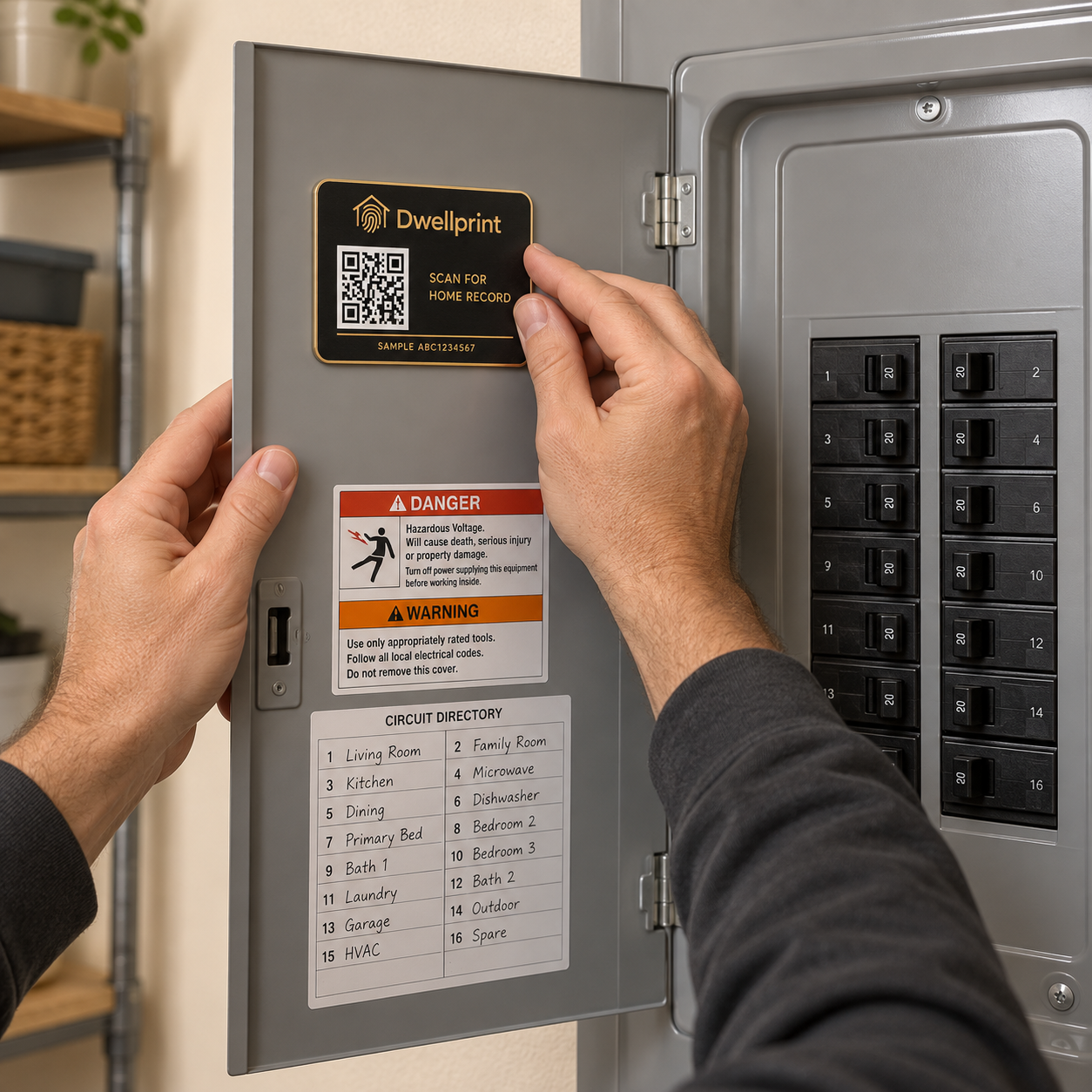 Concept of a Dwellprint plaque being attached inside an electrical panel door